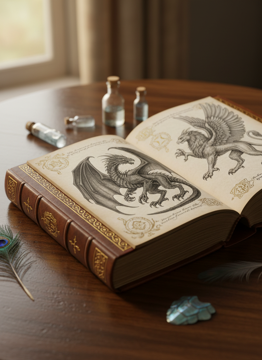A meticulously detailed leather-bound bestiary lies open on a dark, polished oak table, its pages filled with intricate, photo-realistic sketches of dragons, griffins, and other mythical creatures. Fine gold-embossed symbols glint along the spine and margins. Around the book, scattered crystal vials, iridescent feathers, and a single polished dragon scale add subtle clues to an ongoing study. Soft, diffused afternoon light filters in from an unseen window, creating gentle highlights on the leather texture and faint shadows from the curled pages. Captured at an eye-level, three-quarter angle with shallow depth of field, the focus rests sharply on the central illustration while the surroundings blur into an elegant, scholarly haze. The mood is sophisticated, contemplative, and quietly magical, in a clean photographic realism style suited for an academic fantasy database.
