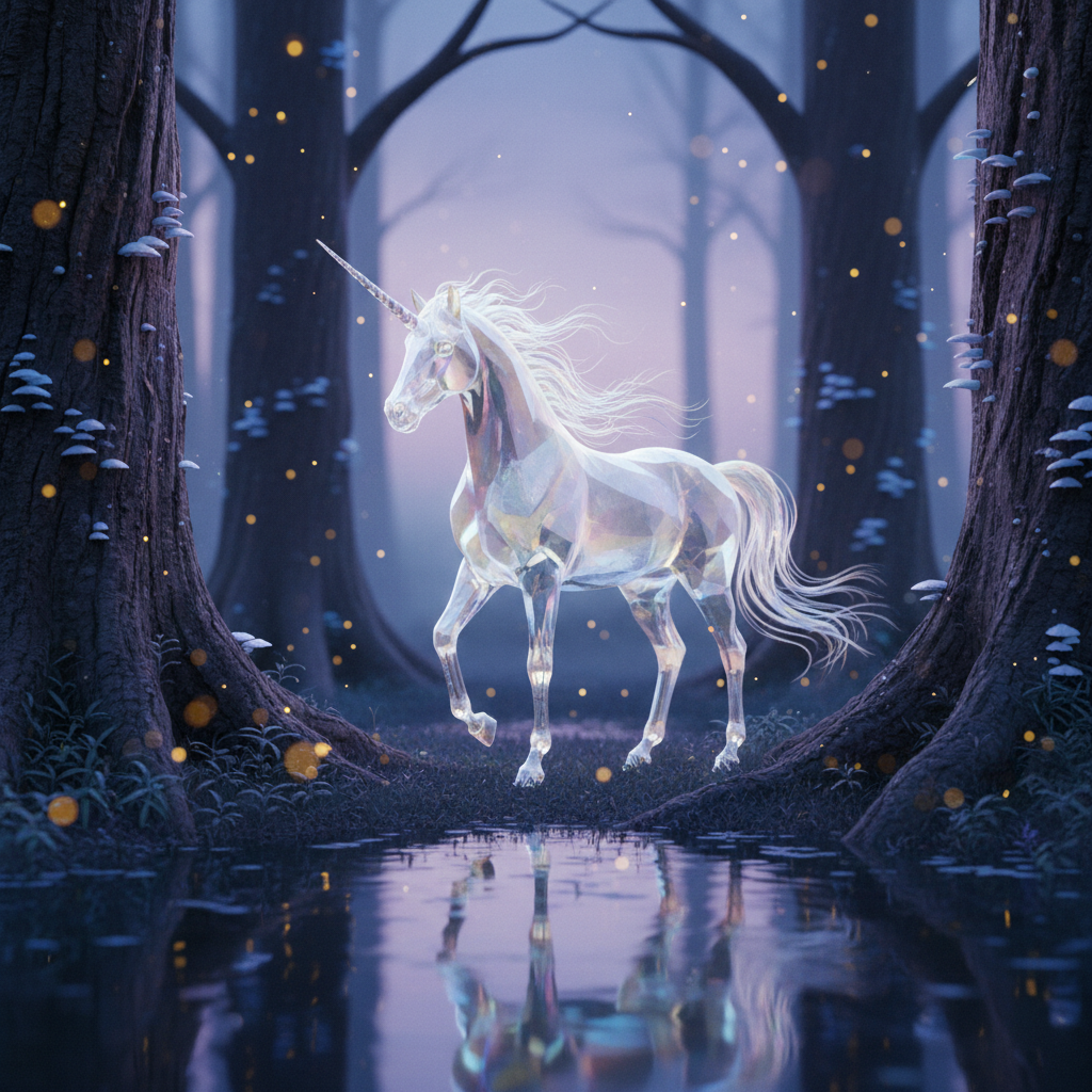 A crystalline unicorn stands beside a still forest pool at twilight, its glass-like horn and hooves refracting the last traces of fading light. The creature’s coat appears almost photographic in texture, pure white with subtle pearlescent tones, while its mane flows like fine silk caught in a gentle breeze. Towering ancient trees encircle the clearing, their bark dark and deeply textured, with faint bioluminescent fungi dotting the trunks. The sky glows in soft gradients of lavender and deep blue, reflected perfectly in the mirrored water. Firefly-like motes hover in the air, adding delicate bokeh. Captured at eye level with a centered composition and shallow depth of field, the scene feels serene, otherworldly, and sophisticated, balancing realistic detail with quiet, mystical wonder.