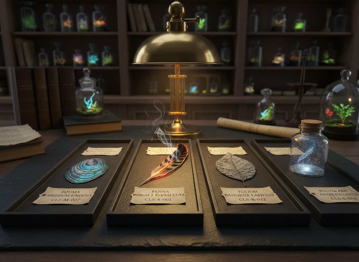 A carefully curated "mythical ecology" study desk in photographic realism shows a large, dark slate work surface covered with labeled specimen trays: a phoenix feather with charred edges still faintly glowing, a mermaid’s iridescent scale, a basilisk’s stone-turned leaf, and a vial of shimmering, starlike dust from a celestial being. Each item rests on crisp parchment tags, inscribed with Latin-like names and classification codes. In the background, shelving holds preserved botanical samples and glass terrariums containing miniature, glowing ecosystems. Overhead, a single brass-shaded lamp casts warm, focused light that pools on the central tray, leaving the background elegantly subdued. Shot from a slightly elevated angle with sharp focus on the specimens and gentle blur beyond, the mood is precise, academic, and intriguingly arcane, echoing a refined research laboratory for mythical creatures.