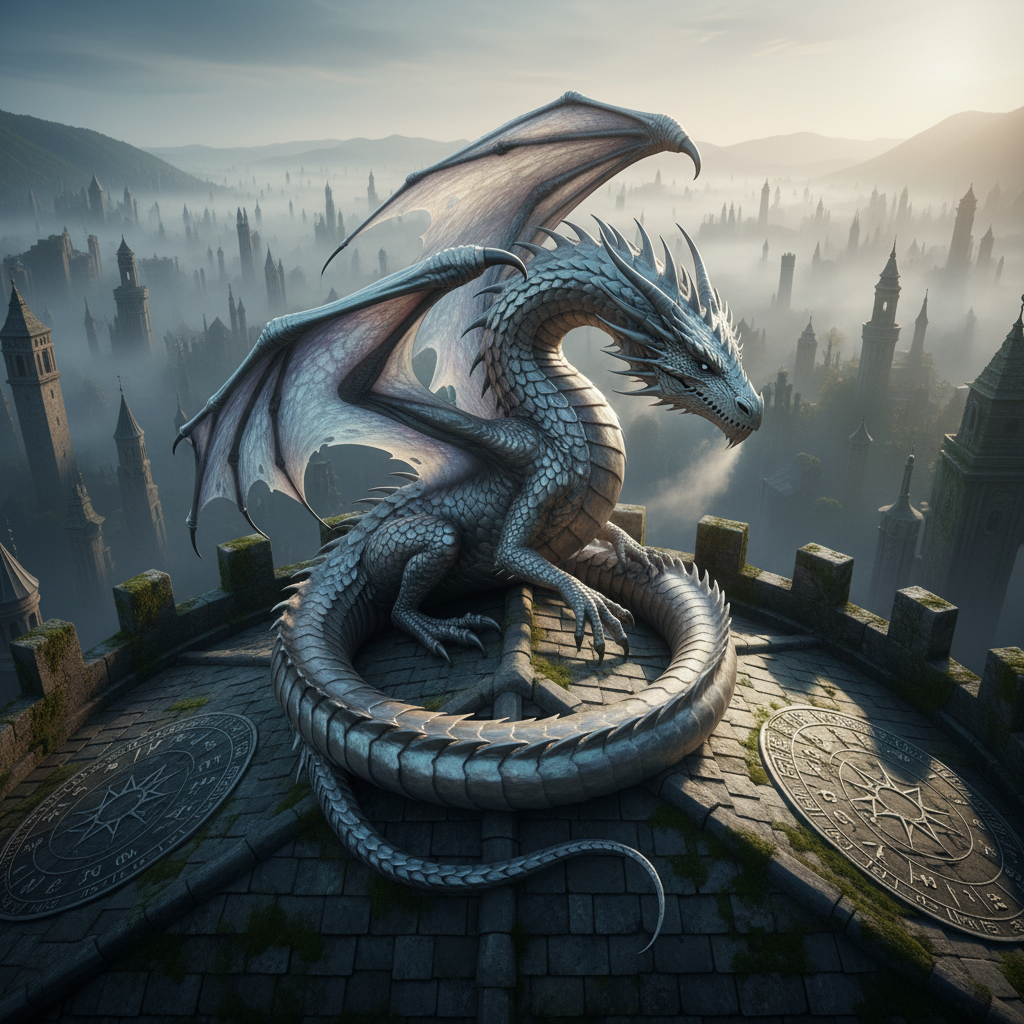 A luminous, silver-scaled dragon in photographic realism coils atop a weathered stone observatory roof, overlooking a mist-covered valley dotted with distant, ancient towers. Each scale reflects the cool pre-dawn light, showing subtle iridescent blues and violets, while thin, translucent wings fold elegantly along its spine. Wisps of vapor curl from flared nostrils into the crisp air. The environment is framed by rugged, moss-covered parapets and star charts carved into the stone at the dragon’s feet. Pale, early-morning light creates a soft rim glow along the creature’s silhouette, casting long, dramatic shadows. Shot from a slightly low, cinematic angle with a wide lens, the composition emphasizes grandeur and scientific observation, balancing epic fantasy with the refined atmosphere of arcane research.